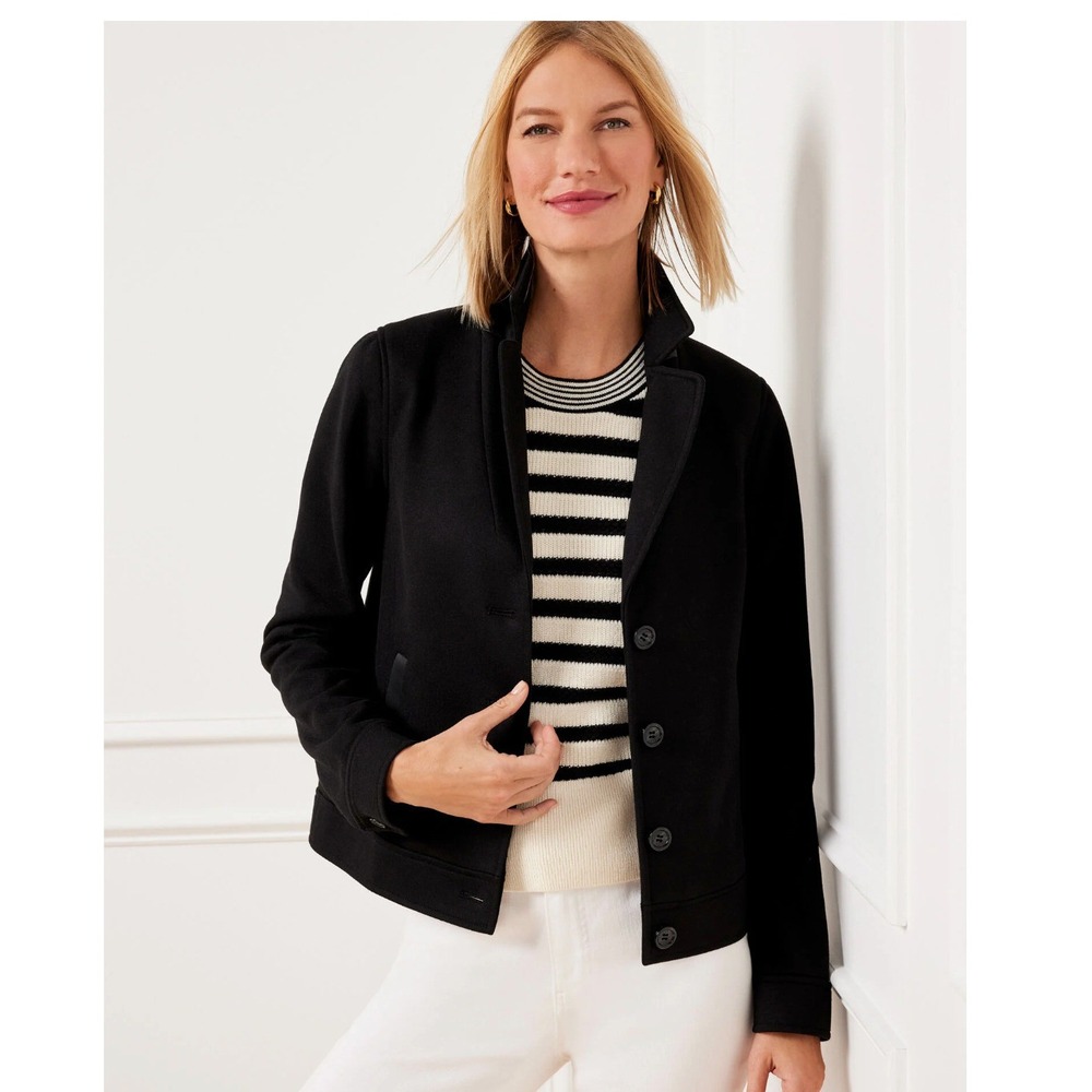 Talbots Womens Black Wool Blend Faux Leather Trim Short Button Front Jacket 10
